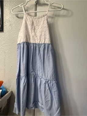 Girls White Lace & Light Blue Tiered Sundress